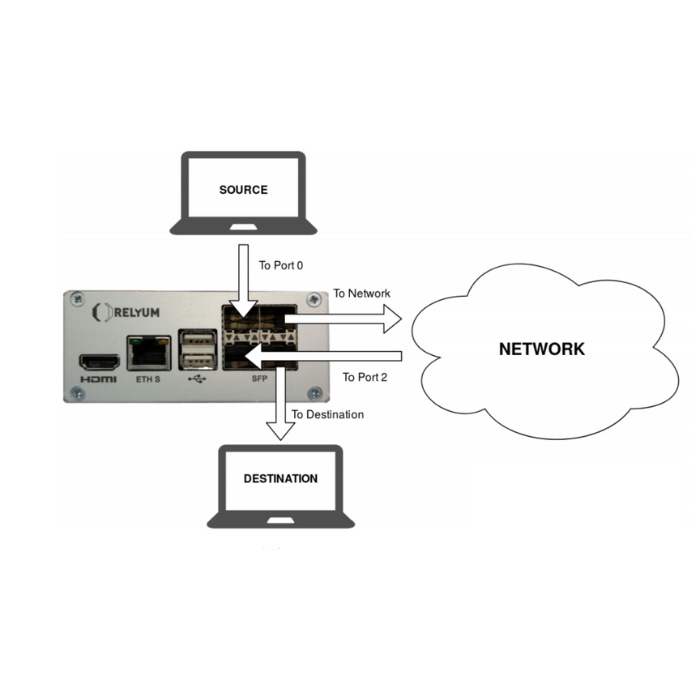 Relyum 網絡設備連接示意圖，展示源端、目標端及網絡連接配置