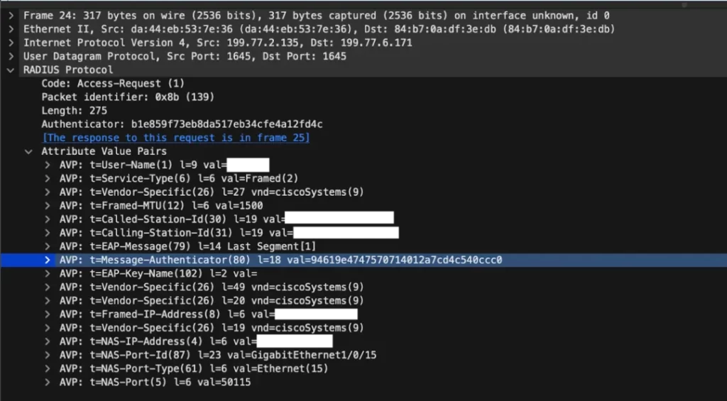 圖10 Wireshark 中帶有消息認證器屬性/值對的 RADIUS 存取請求截圖。在此情況下，它也是一個不易受攻擊的 EAP 認證