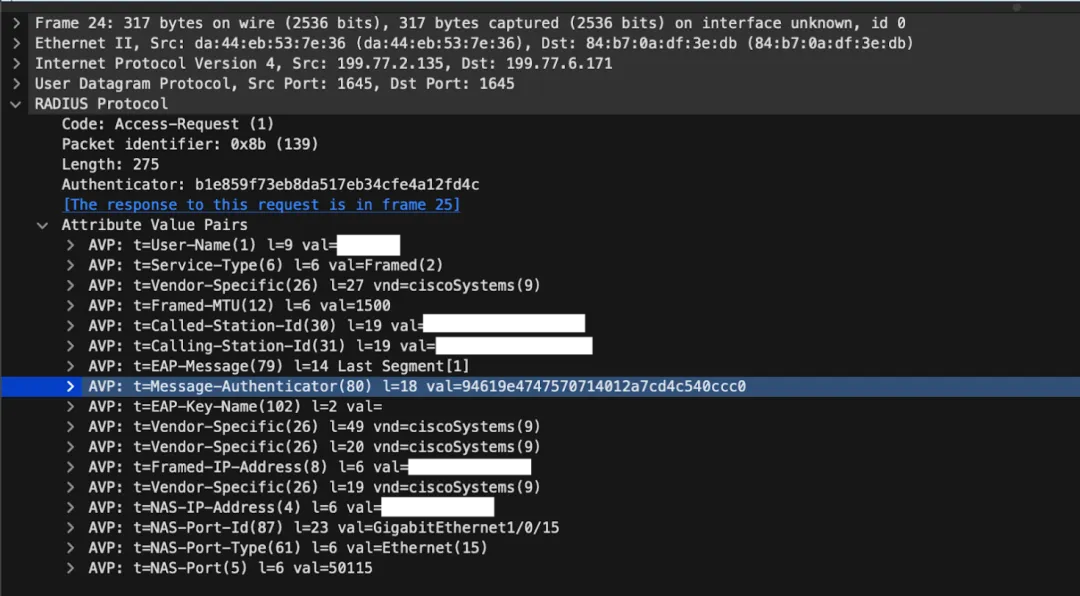 Wireshark中帶有Message-Authenticator屬性的RADIUS封包