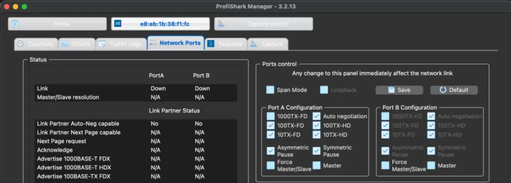 圖3 在 ProfiShark Manager 中禁用 SPAN 模式，將 ProfiShark 內聯整合到 RADIUS 用戶端和 RADIUS 伺服器之間