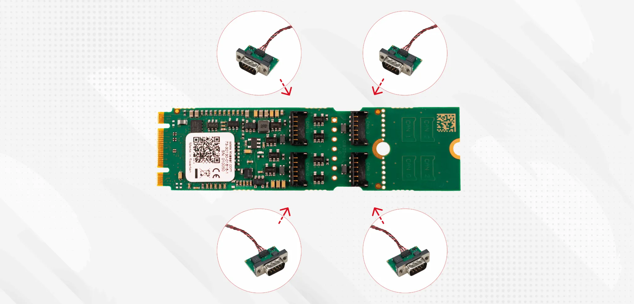 Kvaser M.2 PCIe xCAN 搭配 Flex DB9 CAN CAN FD 連接線，支援 1 至 4 路 CAN 通道彈性配置